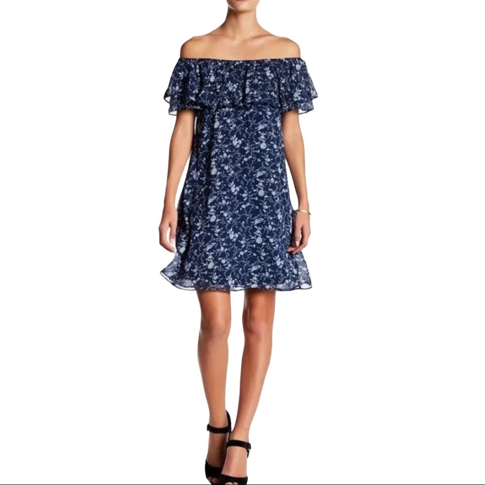 Eliza J Off Shoulder Ruffle Dress Navy Blue Size 6